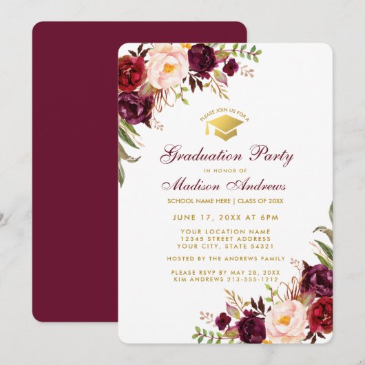 Burgundy Floral Gold Graduation Party Invite BR Kaart (Voorkant / Achterkant)