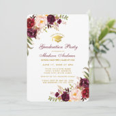 Burgundy Floral Gold Graduation Party Invite BR Kaart (Staand voorkant)
