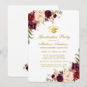 Burgundy Floral Gold Graduation Party Invite R Kaart (Voorkant / Achterkant)