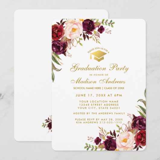 Burgundy Floral Gold Graduation Party Invite R Kaart (Voorkant / Achterkant)