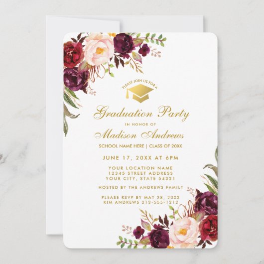 Burgundy Floral Gold Graduation Party Invite R Kaart (Voorkant)