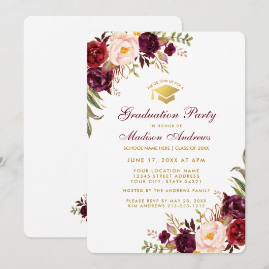 Burgundy Floral Gold Gradution Party Invite RB Kaart (Voorkant / Achterkant)