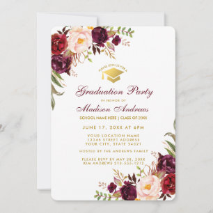 Burgundy Floral Gold Gradution Party Invite RB Kaart