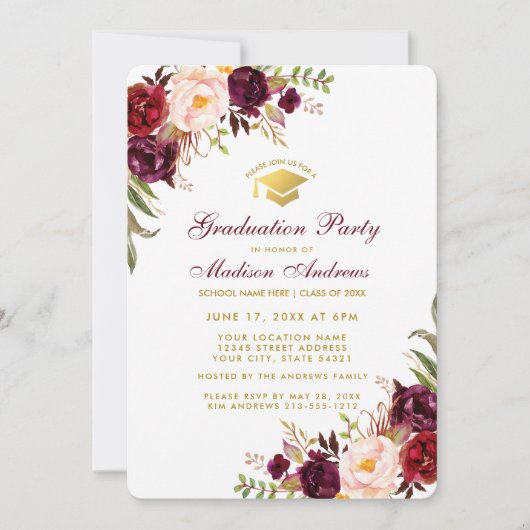 Burgundy Floral Gold Gradution Party Invite RB Kaart (Voorkant)