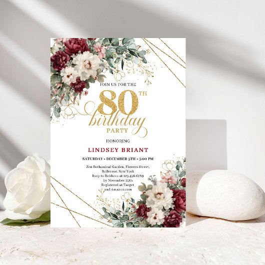 Burgundy Floral Gold Greenery 80th Birthday Kaart
