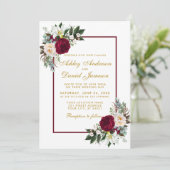 Burgundy Floral Gold Greenery omhuld huwelijk Kaart (Staand voorkant)