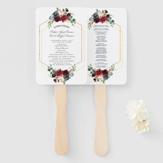 Burgundy Floral Gold Hexagon Lijst Wedding Program Handwaaier (Voorkant en achterkant)