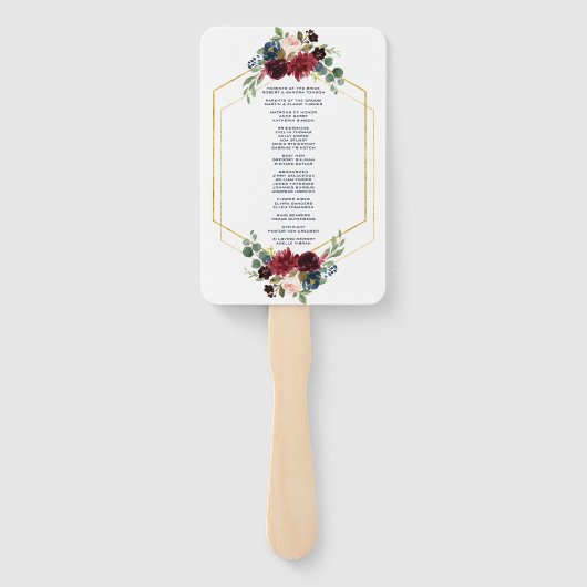Burgundy Floral Gold Hexagon Lijst Wedding Program Handwaaier (Achterkant)