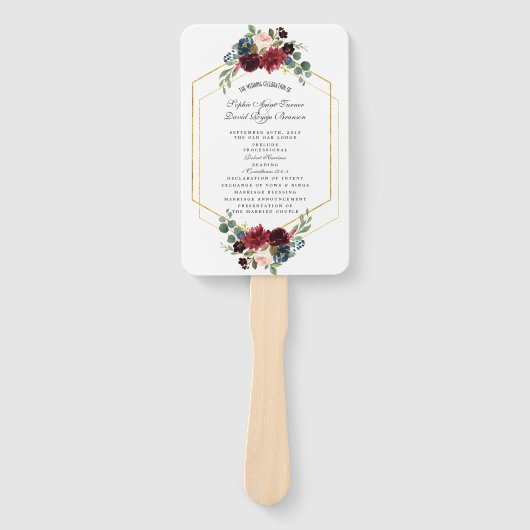 Burgundy Floral Gold Hexagon Lijst Wedding Program Handwaaier (Voorkant)