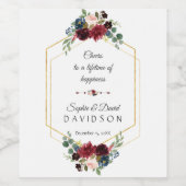 Burgundy Floral Gold Hexagon Lijst White Wedding Wijn Etiket (Enkel label)