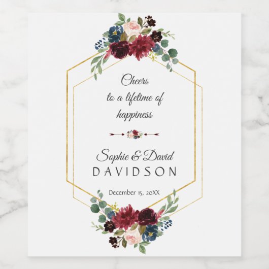 Burgundy Floral Gold Hexagon Lijst White Wedding Wijn Etiket (Enkel label)