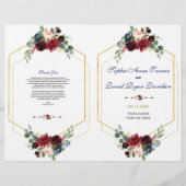 Burgundy Floral Gold Hexagon Wedding Programme Flyer (Voorkant)