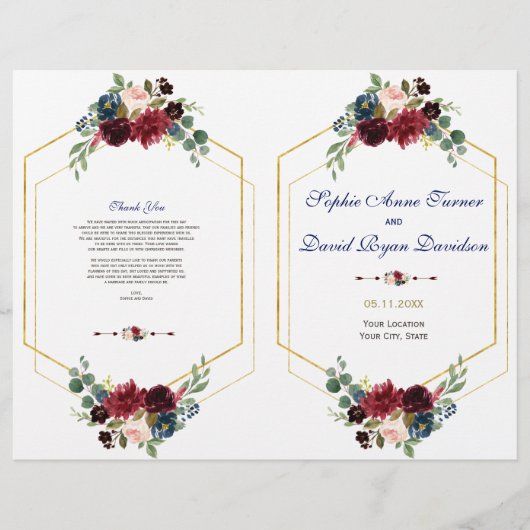 Burgundy Floral Gold Hexagon Wedding Programme Flyer (Voorkant)