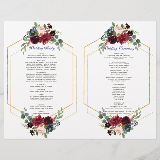 Burgundy Floral Gold Hexagon Wedding Programme Flyer (Achterkant)