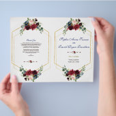 Burgundy Floral Gold Hexagon Wedding Programme Flyer (Hand)
