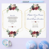 Burgundy Floral Gold Hexagon Wedding Programme Flyer (Enkel)