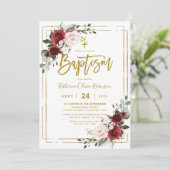 Burgundy Floral Gold Lijst Foto Baptisme Kaart (Staand voorkant)