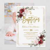 Burgundy Floral Gold Lijst Foto Baptisme Kaart (Voorkant / Achterkant)