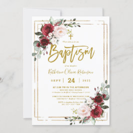 Burgundy Floral Gold Lijst Foto Baptisme  Kaart