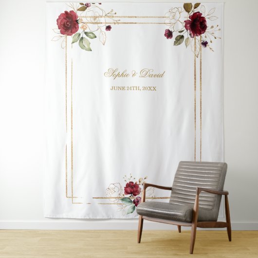 Burgundy Floral Gold Lijst Foto Booth Backdrop Wandkleed (In situ)