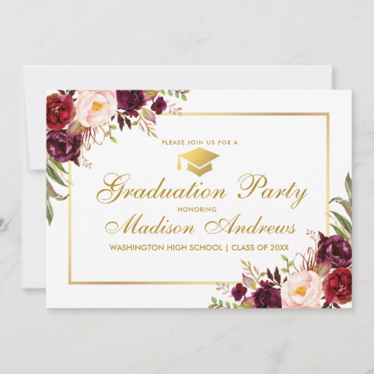 Burgundy Floral Gold Lijst Graduite Party Kaart (Voorkant)
