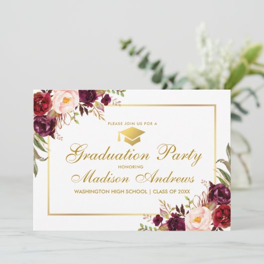 Burgundy Floral Gold Lijst Graduite Party Kaart (Staand voorkant)