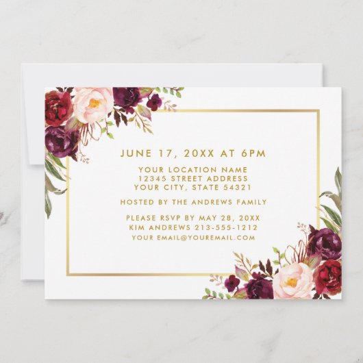 Burgundy Floral Gold Lijst Graduite Party Kaart (Achterkant)