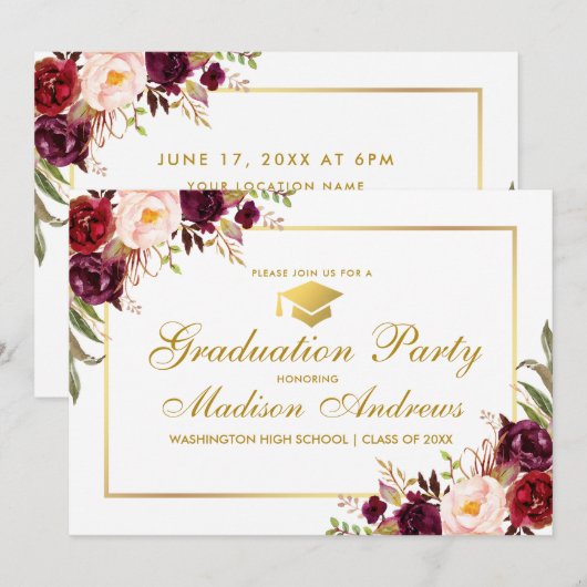 Burgundy Floral Gold Lijst Graduite Party Kaart (Voorkant / Achterkant)