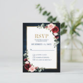 Burgundy Floral Gold Lijst Navy Blue Wedding Postc Briefkaart (Staand voorkant)