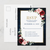 Burgundy Floral Gold Lijst Navy Blue Wedding Postc Briefkaart (Voorkant / Achterkant)