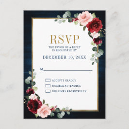 Burgundy Floral Gold Lijst Navy Blue Wedding Postc Briefkaart