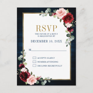 Burgundy Floral Gold Lijst Navy Blue Wedding Postc Briefkaart