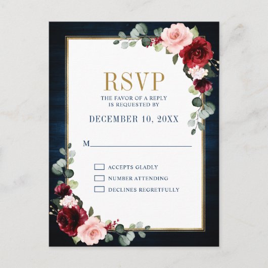 Burgundy Floral Gold Lijst Navy Blue Wedding Postc Briefkaart (Voorkant)