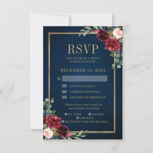 Burgundy Floral Gold Lijst Navy Blue Wedding RSVP (Voorkant)