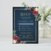 Burgundy Floral Gold Lijst Navy Blue Wedding RSVP (Staand voorkant)