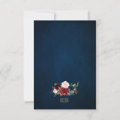 Burgundy Floral Gold Lijst Navy Blue Wedding RSVP (Achterkant)