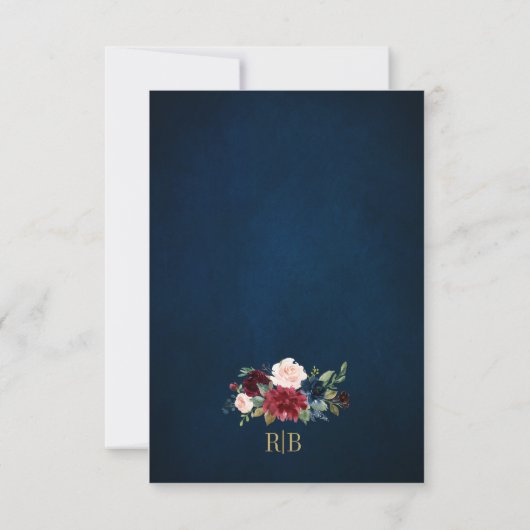 Burgundy Floral Gold Lijst Navy Blue Wedding RSVP (Achterkant)