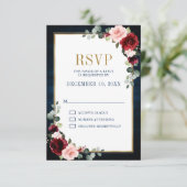 Burgundy Floral Gold Lijst Navy Blue Wedding RSVP (Staand voorkant)
