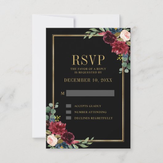 Burgundy Floral Gold Lijst Navy Blue Wedding RSVP (Voorkant)