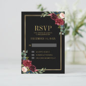 Burgundy Floral Gold Lijst Navy Blue Wedding RSVP (Staand voorkant)