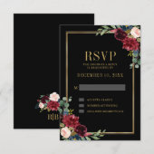 Burgundy Floral Gold Lijst Navy Blue Wedding RSVP (Voorkant / Achterkant)
