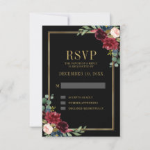 Burgundy Floral Gold Lijst Navy Blue Wedding RSVP