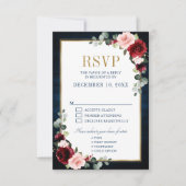 Burgundy Floral Gold Lijst Navy Blue Wedding RSVP (Voorkant)