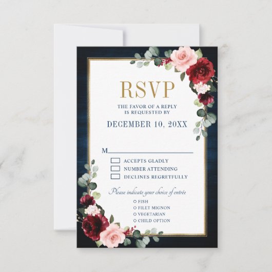 Burgundy Floral Gold Lijst Navy Blue Wedding RSVP (Voorkant)