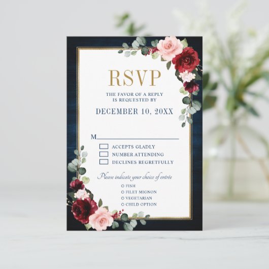 Burgundy Floral Gold Lijst Navy Blue Wedding RSVP (Staand voorkant)