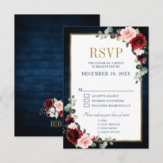 Burgundy Floral Gold Lijst Navy Blue Wedding RSVP (Voorkant / Achterkant)