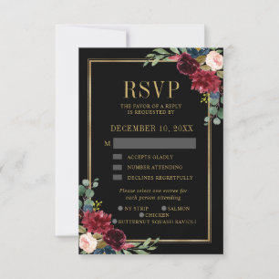 Burgundy Floral Gold Lijst Navy Blue Wedding RSVP