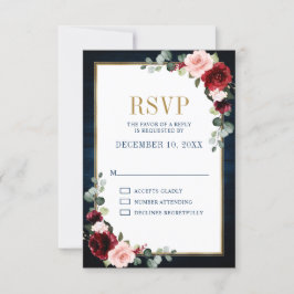 Burgundy Floral Gold Lijst Navy Blue Wedding RSVP Kaartje