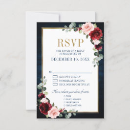 Burgundy Floral Gold Lijst Navy Blue Wedding RSVP Kaartje
