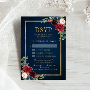 Burgundy Floral Gold Lijst Navy Blue Wedding RSVP Kaartje